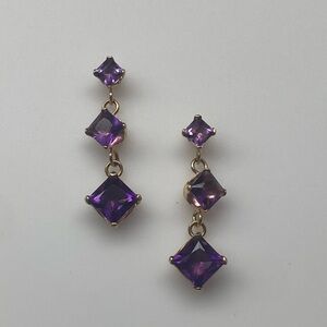 10K Yellow Gold Natural Princess Cut Amethyst 3 Stone Drop Earrings NEW